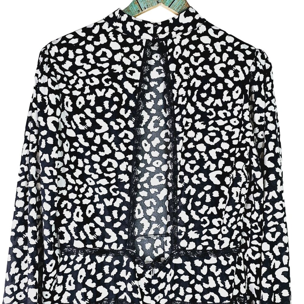 Eilly Bazar Animal Print High Neck Long Sleeve Lace Tiered Open Back Dress, NWT - Picture 5 of 11